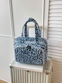 Leopard Print Large Capacity Makeup Bag, Multi-Compartment Brush Storage Bag, Portable Travel Cosmetic Storage Handbag - Blue - View 3