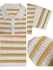Women's Crochet Striped 2 Pieces Set, Includes A Button-Up Collar Top And Shorts, Perfect For Elegant Summer Casual Wear - Pink - View 11