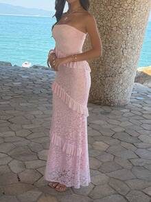 Elegant Women's Pink Strapless Lace Long Dress, Sleeveless Bodycon Silhouette With Tiered Ruffle Details, Perfect For Formal Events Or Gowns. - Pink - View 7