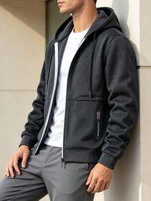 1pc Men's Autumn/Winter Hooded Sweatshirt, Dark Gray Loose Zip-Up Jacket, Outdoor Daily Sports Outerwear - Dark Grey - View 3