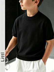 Boys' Solid Color Mock Neck Slim Fit Knit Short Sleeve T-Shirt - Black - View 9