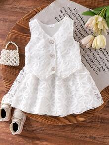 2pcs/Set Girls Elegant Chic White Vest Top And Skirt Set, Summer - White - View 2