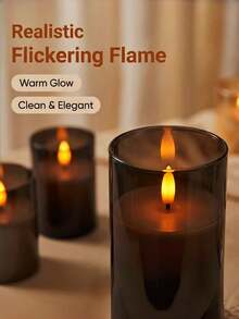 3pcs Black Flat-Top Flickering Acrylic Flameless Candles With 3D Wick, Battery Operated, Remote Control, Timer, Suitable For Home Decor, Bathroom, Study, Wedding, Garden, Autumn, Halloween, Christmas - Black - View 3