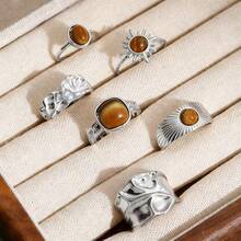 6pcs Natural Stone Open Adjustable Ring Set For Women, Vintage Luxury Niche Design - 6-piece Ring Set - View 8