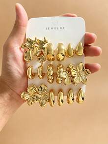 Set Anting Bunga Logam Vintage 6-18 Buah, Desain C-Hoop Tetes Air Berpilin, Cocok untuk Perjalanan Sehari-hari, Pesta Liburan, Satu Set untuk Semua Pakaian - Emas - View 6