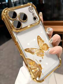 1pc Fashionable Gold Butterfly Pattern Four-Corner [Lens Film] Anti-Drop Airbag Soft Full Coverage Phone Case Compatible With Apple 7/8/X/XR/XSMAX/11/12/13/14/15/16/17Promax Compatible With Samsung A14/A15/A16/A17/A04/A05/A06/A07/A54/A55/A56/A57/A34/A35A/36/A37/S26/S26Plus/S26Ultra Compatible With Transsion SMART7/8/10 Compatible With Honor400/400Pro/400Lite - Gold - View 3