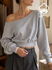 Women's Long Sleeve Boat Neck Pullover Sweatshirt, Ribbed Knit, Asymmetric Design, Regular Fit, Pure Cotton Material, Suitable For Autumn Wear. - Light Grey - View 1