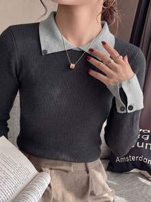 2026 Early Autumn New Colorblock Collared Knit Sweater Women's Elegant Ribbed Slim Fit Flattering Long Sleeve Base Layer Top Fall - Grey - View 5