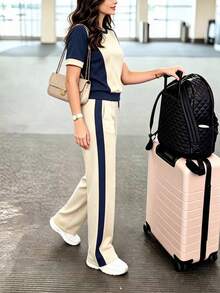 SRoinpar Women's 2-Piece Colorblock Set, Short Sleeve Crew Neck Contrast Patchwork Sweatshirt Top With Side Stripe Wide Leg Loose Pants Elegant Summer - Navy Blue - View 2