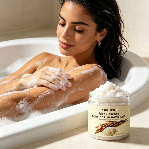 Sales de baño exfoliantes con aceite esencial de arroz, esencia de arroz para iluminar el tono de la piel, limpieza profunda & exfoliación, piel suave & radiante después del baño, 200g
