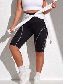 Plus Size 1-Pack Seamless High-Waist Tummy Control Sports Shorts With White Contrast Stripes, For Sports Activities, Daily Wear & Workout - Black - View 4