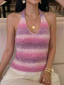Y2K 夏季性感露背 V 領粉色漸層針織掛脖上衣，適合女性海灘度假與日常穿著 - 粉色 - 查看 4