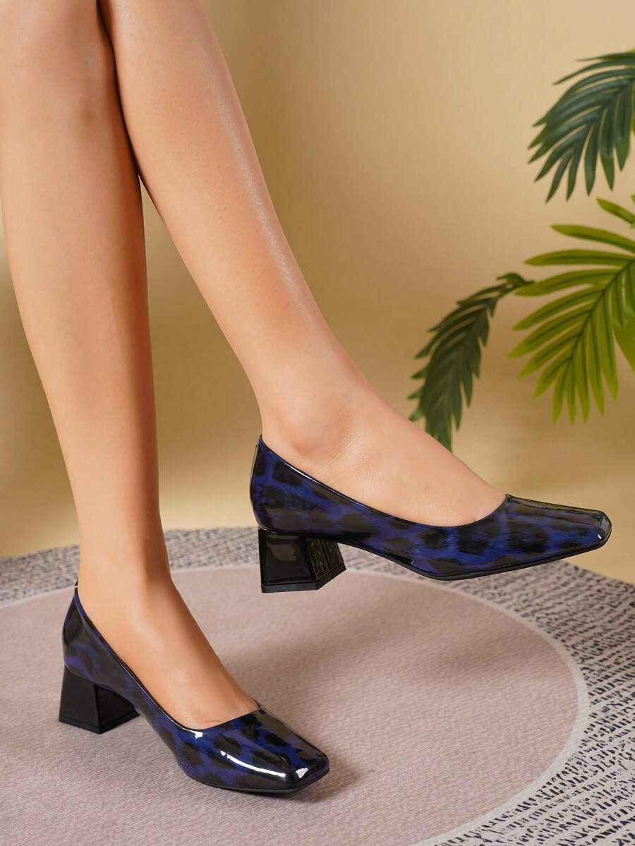 2026 New Leopard Print 4.5cm Chunky Heel Square Toe Low Vamp Glossy Pumps Versatile Office Commute Comfortable Women Shoes - Blue - View 1