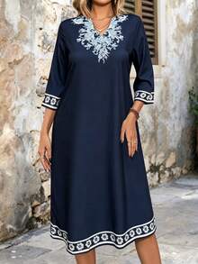 Women's Bohemian Style A-Line Short Shirt Dress, Collared Long Sleeve, Button Front, Ruffle Hem - Blue - View 3