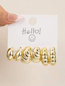 3 Pairs Fashion Minimalist Cloud Embossed Spiral Cone Crescent C-Shaped Unique Women's Stud Earrings, Suitable For Daily Casual, Party, Photo Shoot, Jewelry Gift For Friends - Yellow Gold - View 7