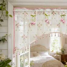 1PC New Pink Embroidered Small Flower Christmas Holiday Decorative Short Curtain, Translucent Kitchen Cafe Curtain With Rod Pocket Design, Fresh Style Finished Rod Pocket Curtain - Pink - View 6