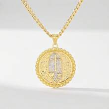 1pc 14K Gold Plated Copper Dual-Color Lace Cross Heart Star Round Pendant Necklace, Wavy Lace Hammered Silver Base Cross Gold Heart Five-Pointed Star Embossed Design With Cuban Chain, Suitable For Christmas/Thanksgiving/Halloween/Mother's Day/Valentine's Day Couples/Friends/Fellow Believers Gifts, Catholic First Communion, Gifts, Daily Holiday Wear And Prayer - Yellow Gold - View 10