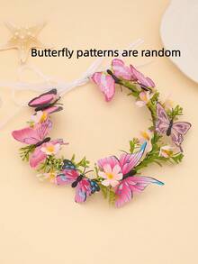 1pc Pink Butterfly Floral Wreath Headband, Bohemian Fairy Flower Crown Hair Accessory For Bride, Bridesmaid, Beach Vacation (Random Butterfly Floral Pattern) - Multicolor - View 1