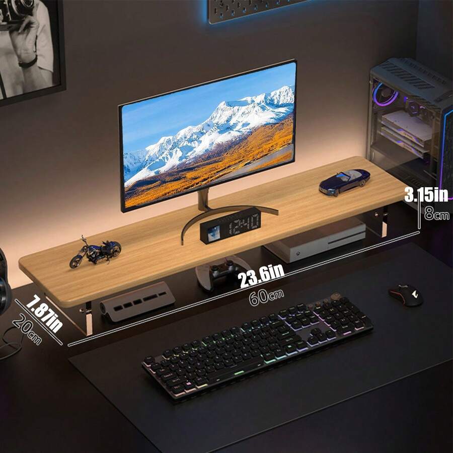 Computer Monitor Stands, Wood & Acrylic Computer Monitor Stand, Desk Monitor Stand Underneath Storage For Office, Home, School Supplies, 31.5" L (White) - Natural Wood Color - View 1