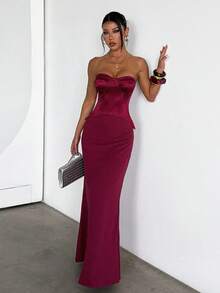 Robe corset sans bretelles bordeaux d'été pour femmes, robe de soirée élégante pour les rendez-vous, les rassemblements, les fêtes, les vacances - Rouge foncé - Voir 4