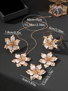1 Set Elegant Luxury Handmade Oil-Drip Double Layer Floral Women's Open Adjustable Bracelet, Ring, Earrings, Pendant Set, Suitable For Daily And Vacation Wear - White - View 4
