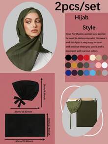 2PCS Women's Scarf And Tie-Up Hat Set Base Cap Set, Hijab Middle Eastern Holiday Matching Abaya, Elastic Base Cap - Army Green - View 3
