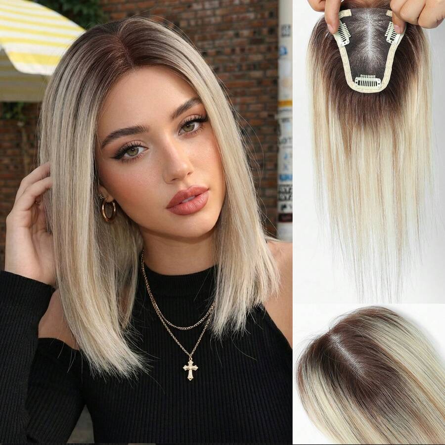 Hairpiece Wanita 10 Inci dari Rambut Manusia Asli Tanpa Poni, Warna Cokelat T4/27, Basis Renda, Upgrade - S8/613 - View 1