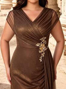 Plus Size Elegant Glitter Tulle Mermaid Evening Gown, V-Neck Short Sleeve Cinched Waist Dress, Open Back Draped Design Fall Wedding Party - Khaki - View 2