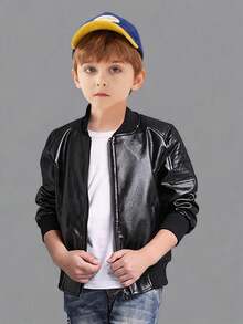 Chaqueta con estilo de motocicleta para niño preadolescente, ropa de salida casual para otoño/primavera - Negro - Ver 1