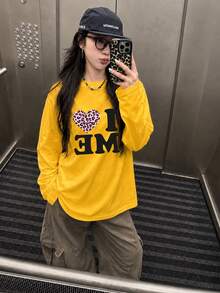 Niche American Style Long Sleeve Fun T-Shirt For Women, Personalized Heart & Letter Print Loose Fit Brand Crew Neck Top Yellow Casual - Yellow - View 4