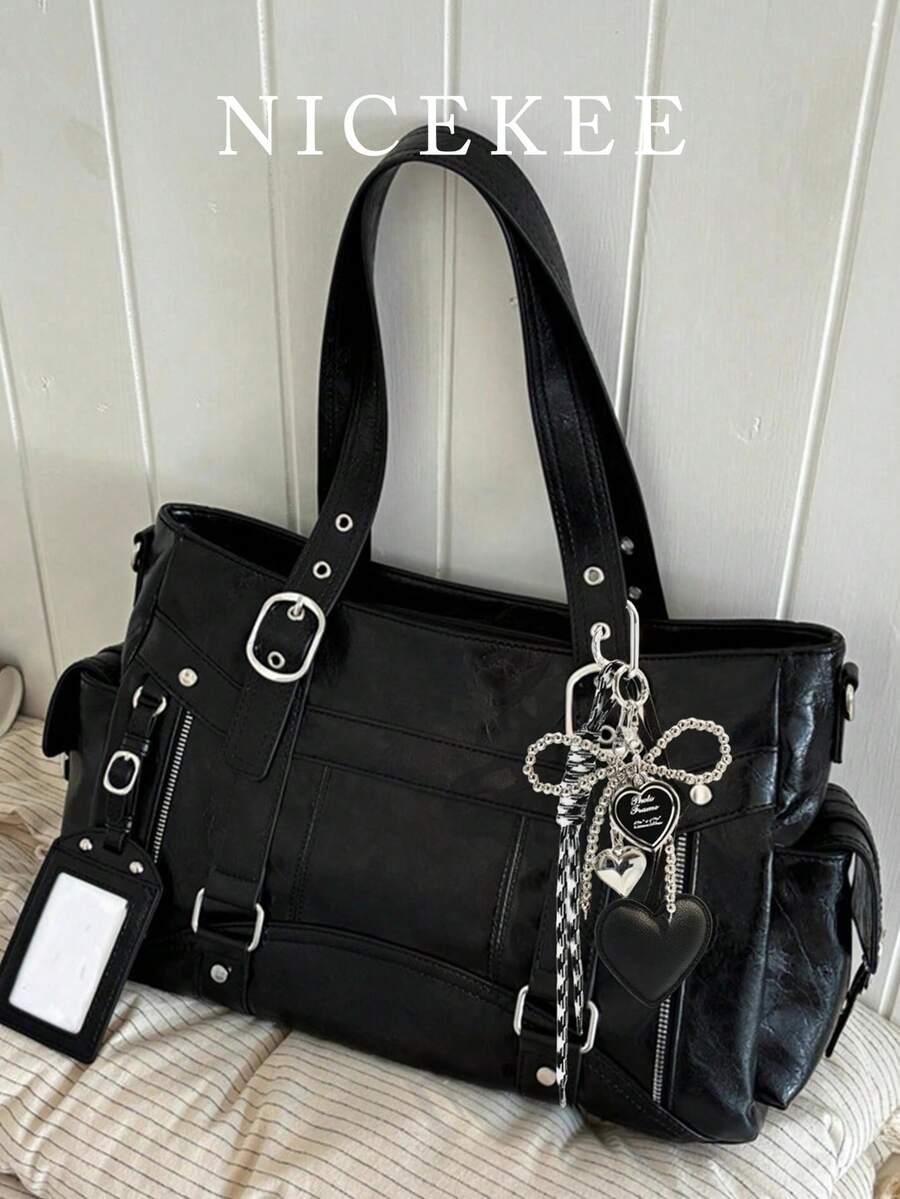 Fashionable Large Capacity Multi Pocket Solid Color Shoulder Bag, Simple Retro Punk Style Daily Underarm Bag, Suitable For Commuting, Daily Outings - Black - View 1