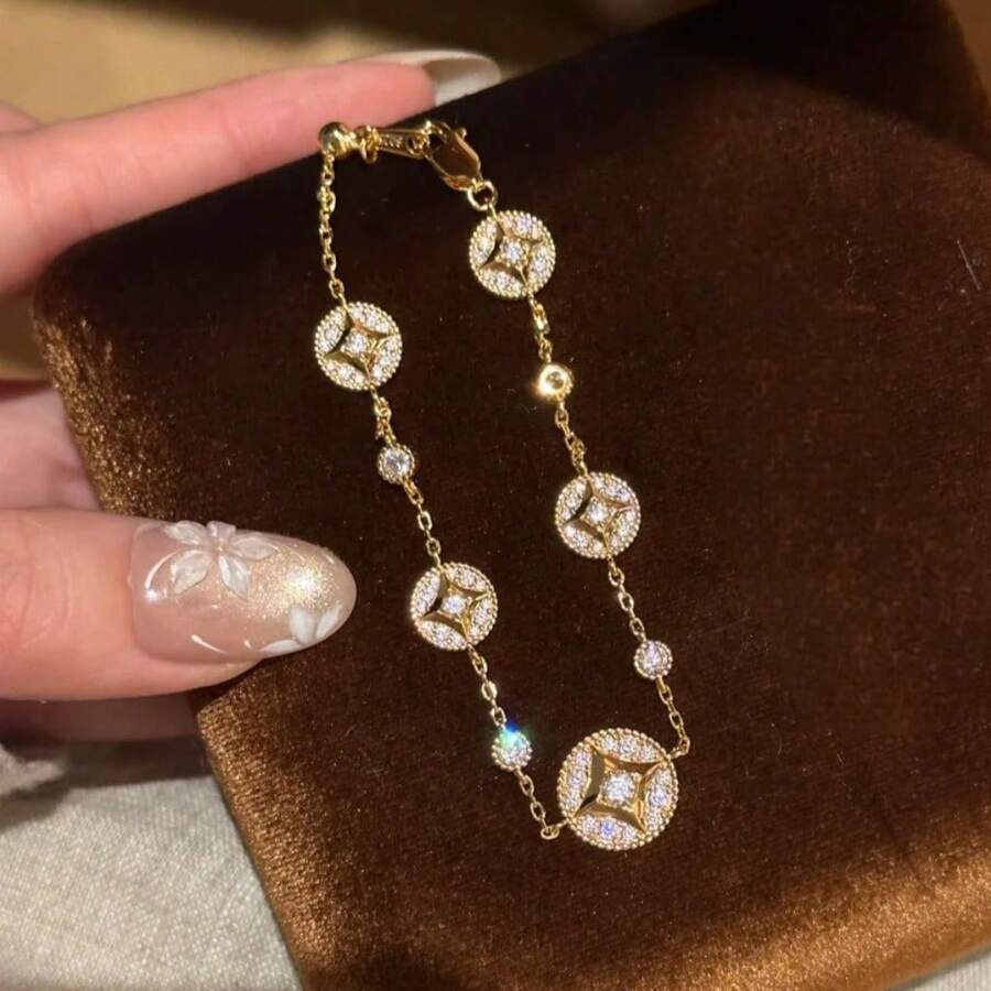 經典復古 18K 金鍍層 鑲鋯石 星芒圓盤通勤百搭女款手鍊 - 金色 - 查看 1