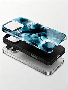 1pc Fashionable 2-In-1 Phone Case, Lake Blue Ink Floral Design, Full Coverage Hard Shell, Compatible With IPhone 17 Pro, 16e, 16 Pro, 15 Pro, 14, 13, 12, 11, XR And XS, Elegant Design Suitable For Men And Women, Perfect Gift For Girlfriend On Christmas, Valentine's Day, Easter, Wedding Season And Birthday - Teal Blue - View 2