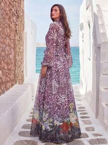 Faeriesty Vintage Romantic Women's Long Sleeve Bell Sleeve Chiffon Dress, Ruched Stand Collar, Eye-Catching Purple Leopard Print Wedding Vacation Party Fall - Purple - View 2