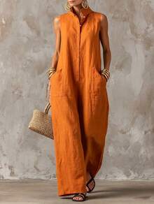 Women's Sleeveless Collared Button Front Top And Wide Leg Pants Two Piece Set Casual Linen Blend Outfit Collection - 桔紅色 - 查看 9