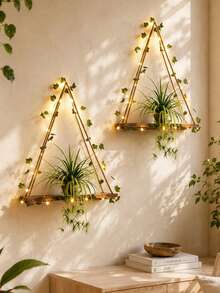 Artificial Ivy LED Light Strip Wall Mounted Shelving Unit, Woven Shelving Rack, Suitable For Bedroom, Bathroom, Living Room, Kitchen, Wooden Hanging Plant Rack For Wall Decor (Batteries Not Included) - Multicolor - View 2