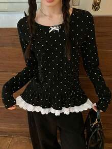 Kaos Lengan Panjang Motif Polkadot Hitam dengan Hiasan Pita, Atasan yang Melangsingkan - Hitam - View 5