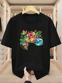 Camiseta de hombre talla grande, 100% algodón, camiseta casual de manga corta para verano, estampada con un diseño tropical hawaiano ALOHA de loro. - Negro - Ver 2