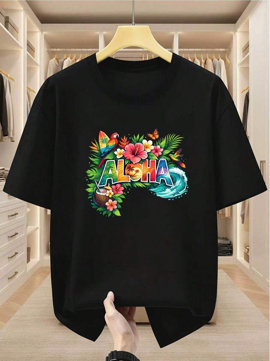 Camiseta de hombre talla grande, 100% algodón, camiseta casual de manga corta para verano, estampada con un diseño tropical hawaiano ALOHA de loro.