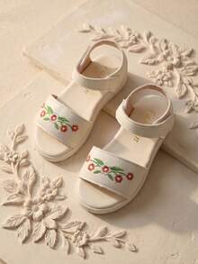 1 Pair 2026 New Girls Summer Flat Sandals, Embroidered Floral Soft PU Leather, Hook And Loop Back Strap Design, Pastoral Fresh Style, Suitable For Summer Daily Outings - White - View 8