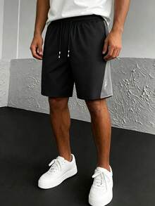 Men's Sports Casual Shorts, Minimalist Everyday Shorts, Contrast Side Trim And Decorative Drawstring Tips, Loose Silhouette Black - Black - View 4