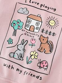 Girls Spring/Autumn Crew Neck Long Sleeve Sweatshirt, Hand-Painted Country Cottage Rabbit Cat Ladybug Floral English Print, Loose Casual Pullover Top For Toddlers And Young Children - Pink - View 5