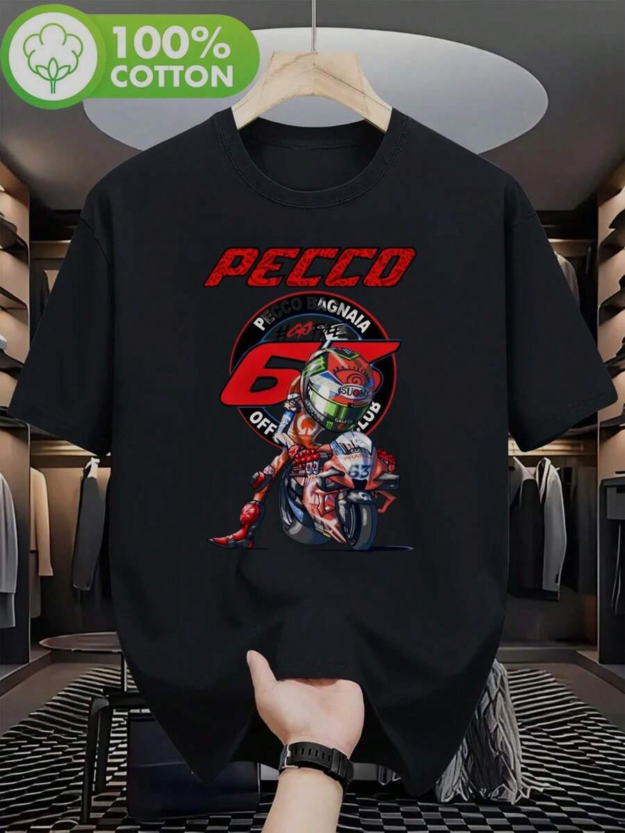 T-shirt da uomo Pecco Bagnaia 63 Campione del Mondo di Motociclismo 2025, morbida, comoda, vestibilità classica, girocollo, casual, con dettagli rossi e bianchi, taglia grande. - nero - Visualizzare 1
