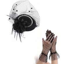 1 Set Exquisite Hat And Lace Gloves, 1920s-1950s Style, Small Round Hat, Cocktail/Afternoon Tea Party Headpiece, With Veil, Suitable For Girls And Women - Black - View 7
