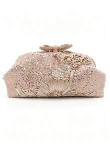 Tidet Ever Champagne Sequin Floral Embroidered Women's Clutch Bag, Rhinestone Bow Kiss Lock, Wedding Bridal Bag, Popular Formal Evening Handbag - Champagne - View 5