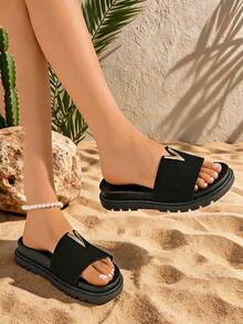 Tang pin zun Black Suede V-Shaped Metal Decor Thick Sole Slip-On Sandals, Casual Outdoor Non-Slip Serrated Sole Women's Platform Slippers, Suitable For Summer Beach Vacation - Black - View 3