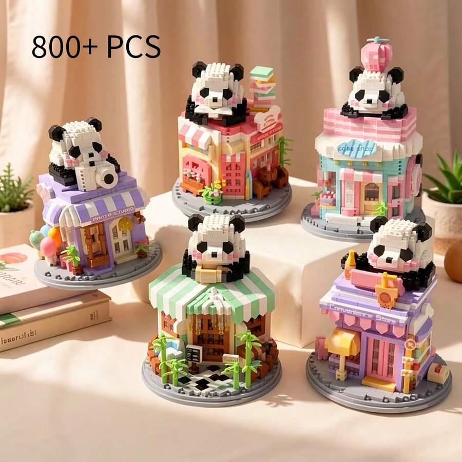 Mini Panda House Street Scene Store Building Set, Cute Panda Coffee House Building Blocks Toy, Miniature Building Blocks Toy Model, Creative Panda Animal Building Blocks Toy, Home Decor, Birthday, Halloween, Thanksgiving, Christmas Gift, 800+ Pieces