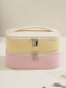 1pc Fashionable Colorblock Valentine's Day Corduroy Double Layer Makeup Bag, Portable Lightweight Durable, Suitable For Travel And Home Use - Multicolor - View 13