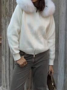 GLAMSKIN Women's Autumn/Winter Solid Color Knit Zip-Up Hooded Cardigan, Faux Fur Collar Long Sleeve Sweater Jacket, Fashionable Autumn Outfit - White - View 6