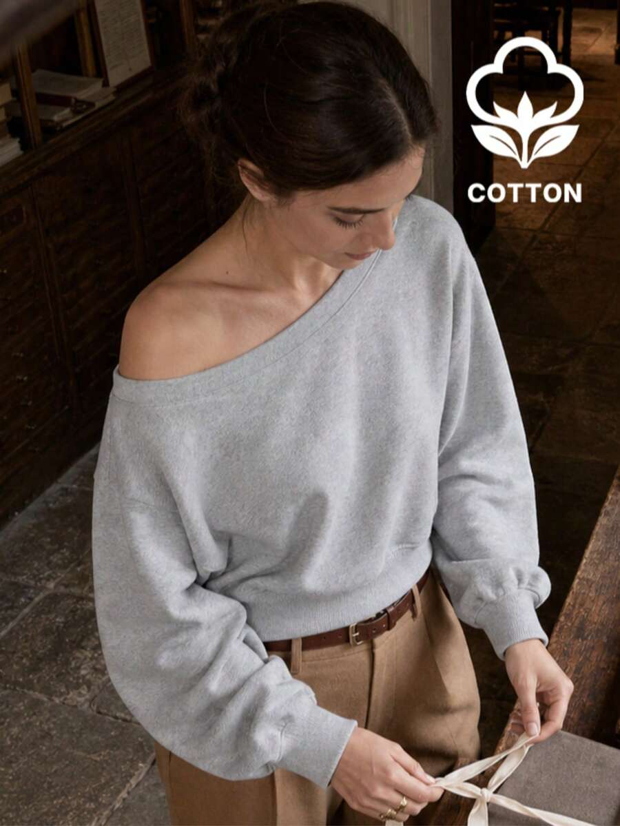 Sweatshirt Pullover Lengan Panjang Wanita dengan Kerah Perahu, Rajutan Bergaris, Desain Asimetris, Potongan Reguler, Bahan Katun Murni, Cocok untuk Dipakai di Musim Gugur. - Light Grey - View 1
